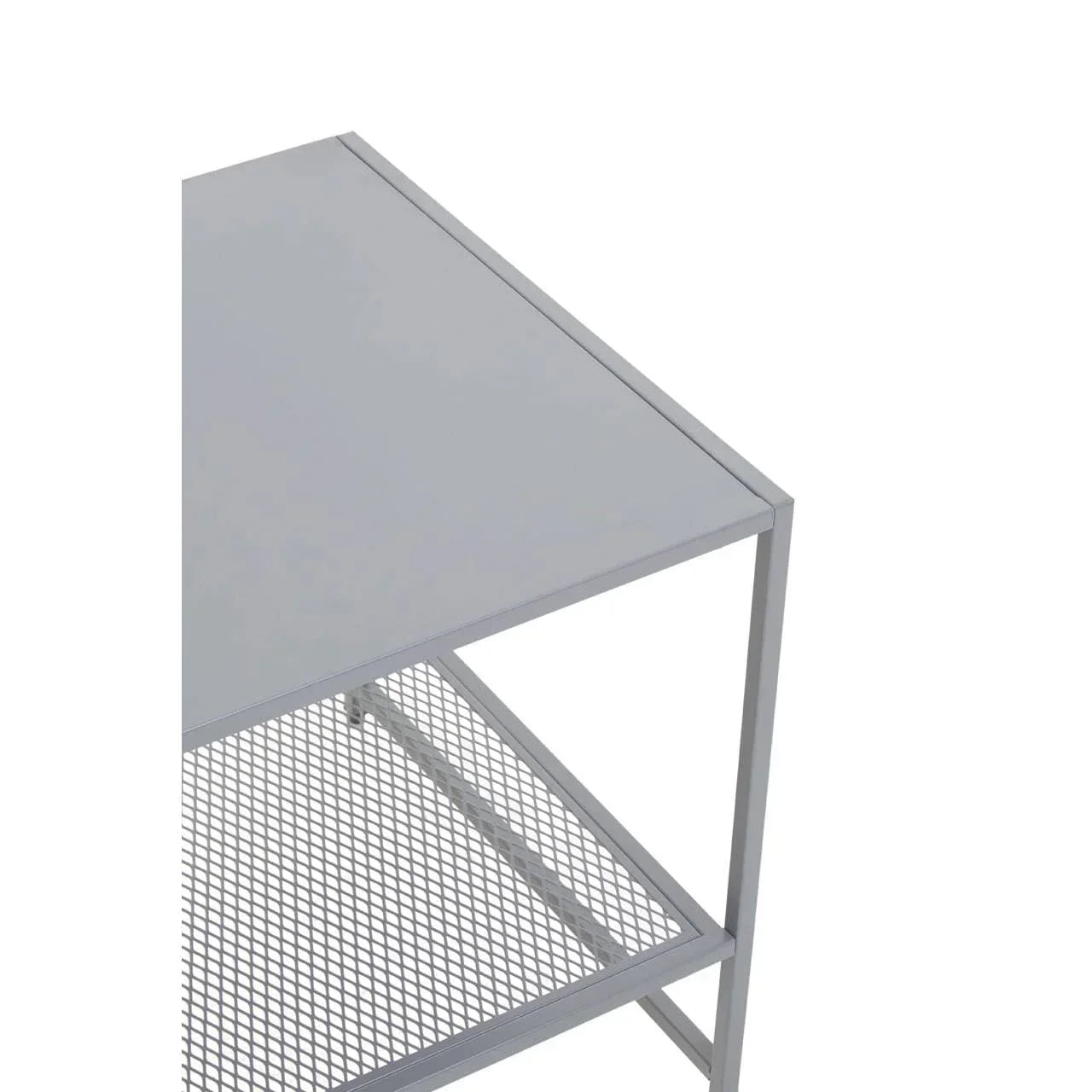 Grey metal side table with solid top and mesh shelf, shown from angled overhead view