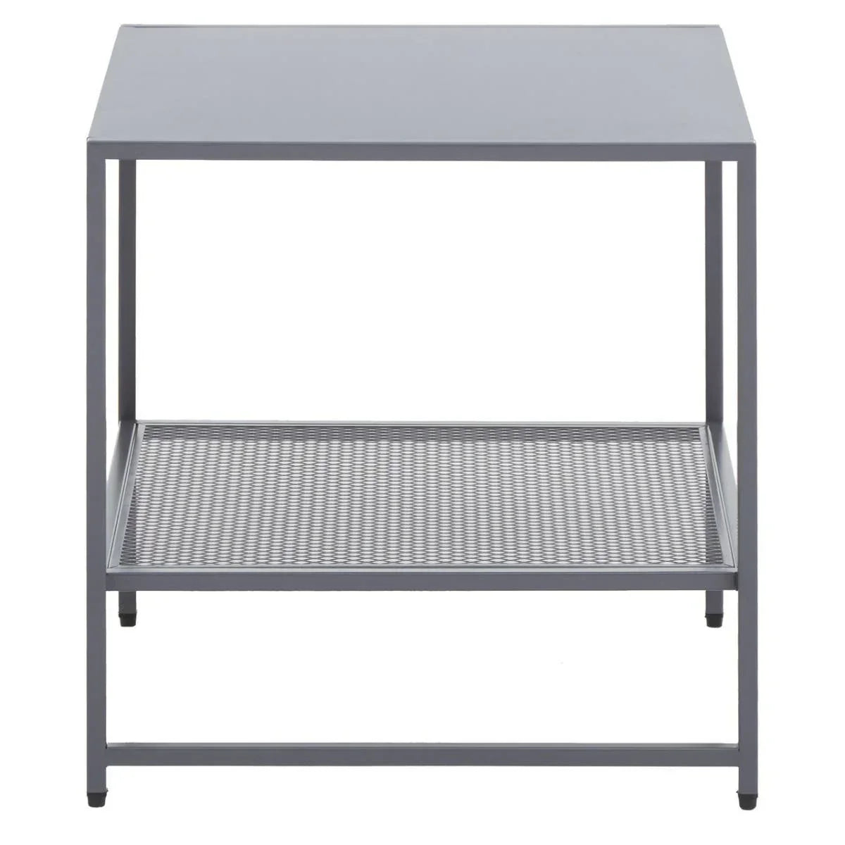 Grey metal side table with square top and mesh lower shelf, front facing view