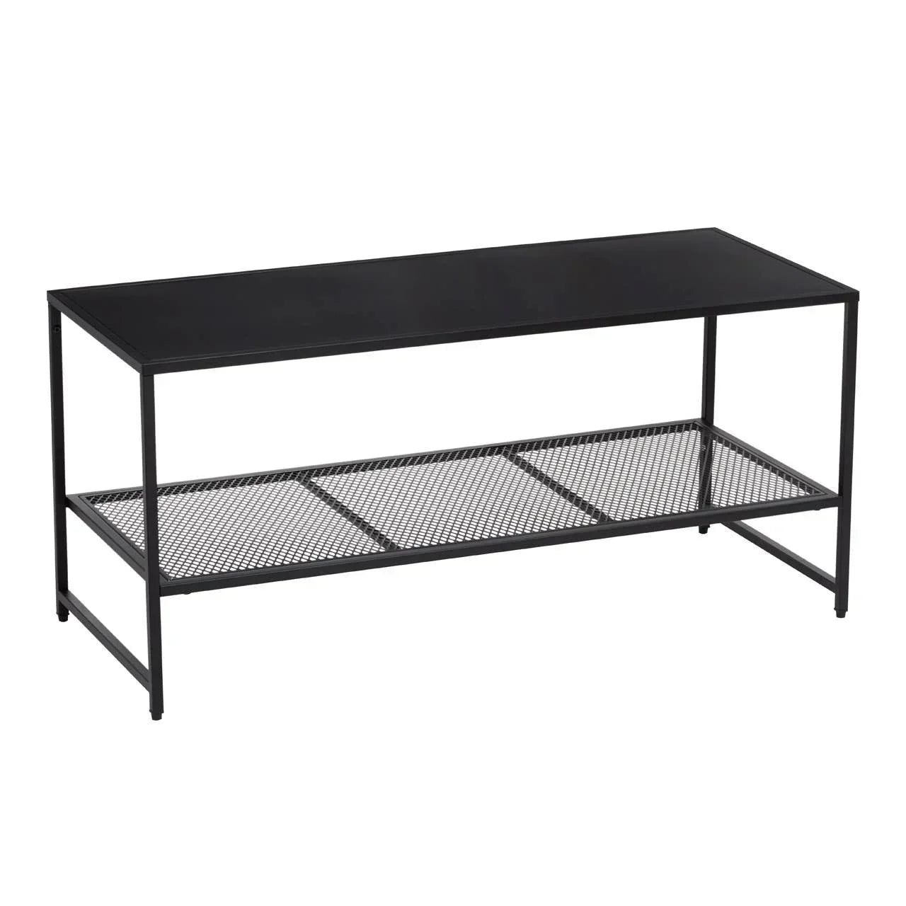 Black metal coffee table with mesh lower shelf and open frame design