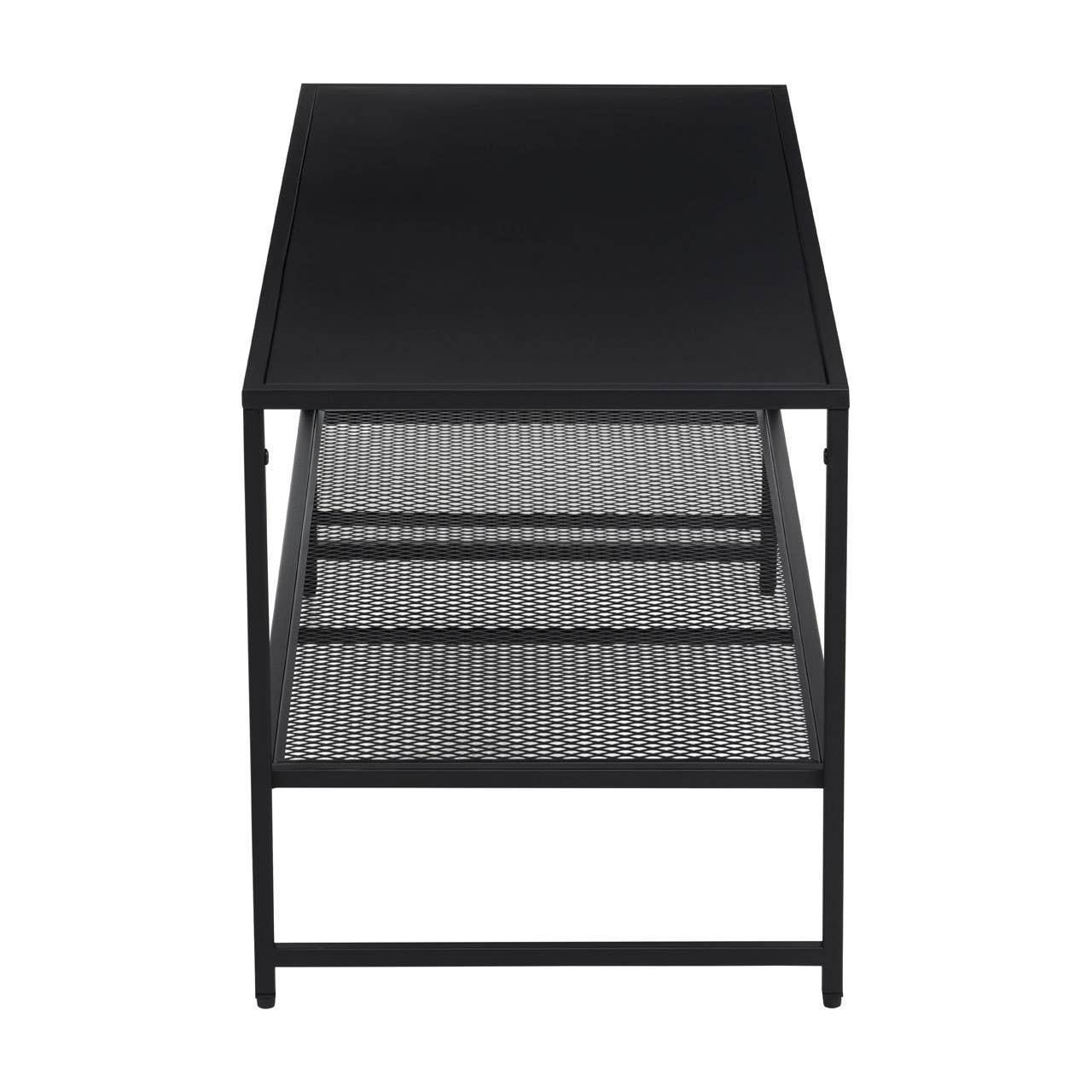 Black metal coffee table with mesh shelf and solid rectangular top, side angle view