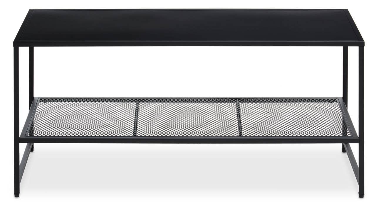 Black metal coffee table with mesh lower shelf and modern rectangular frame