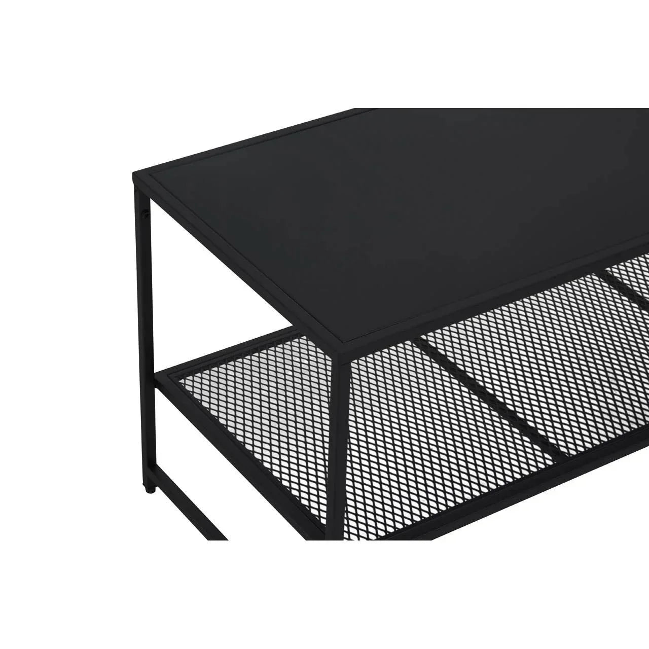 Black metal coffee table with mesh shelf and solid top, corner angle view