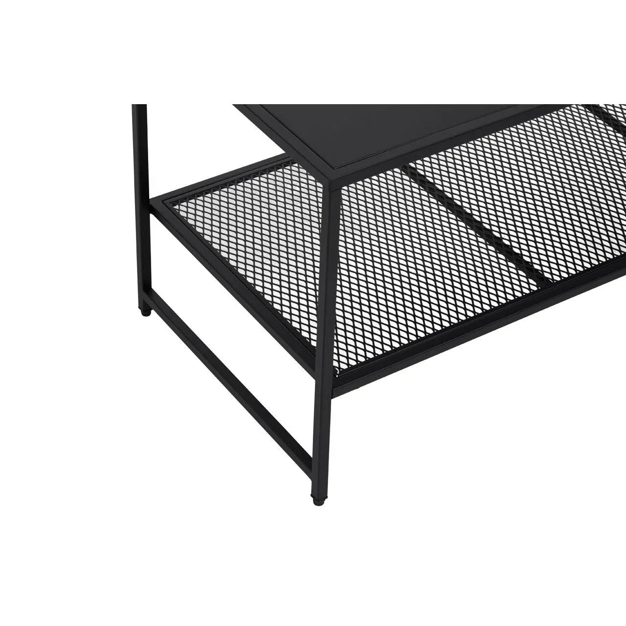 Black metal coffee table with mesh lower shelf and rectangular frame, angled detail view