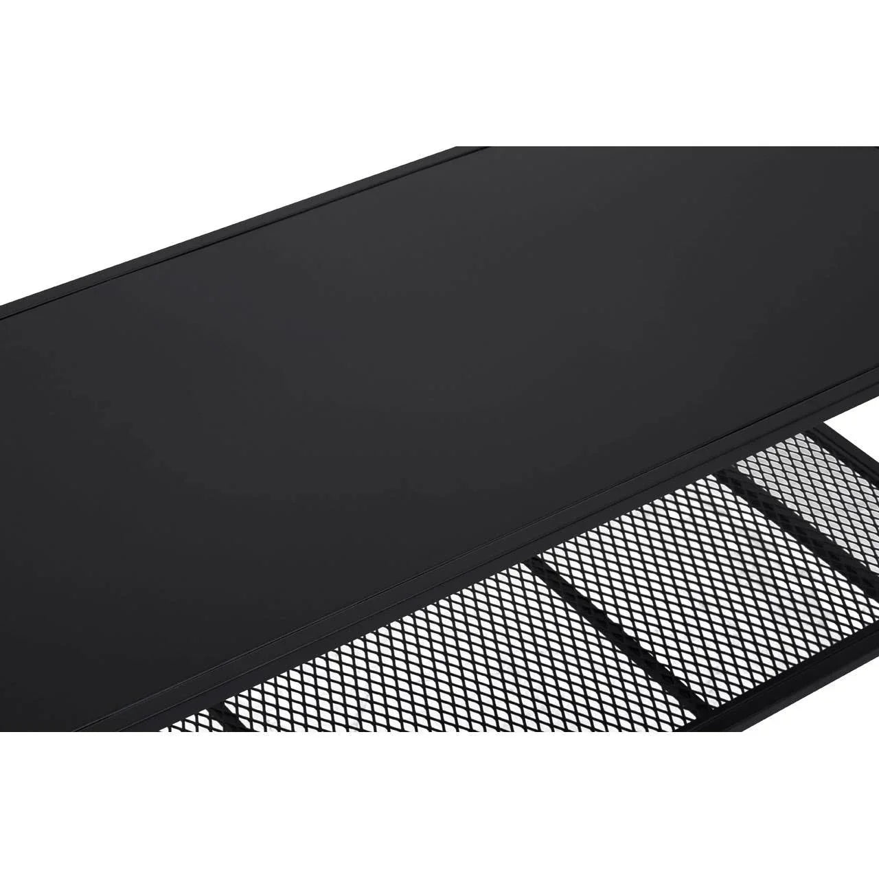 Black metal table top with mesh lower shelf close-up view