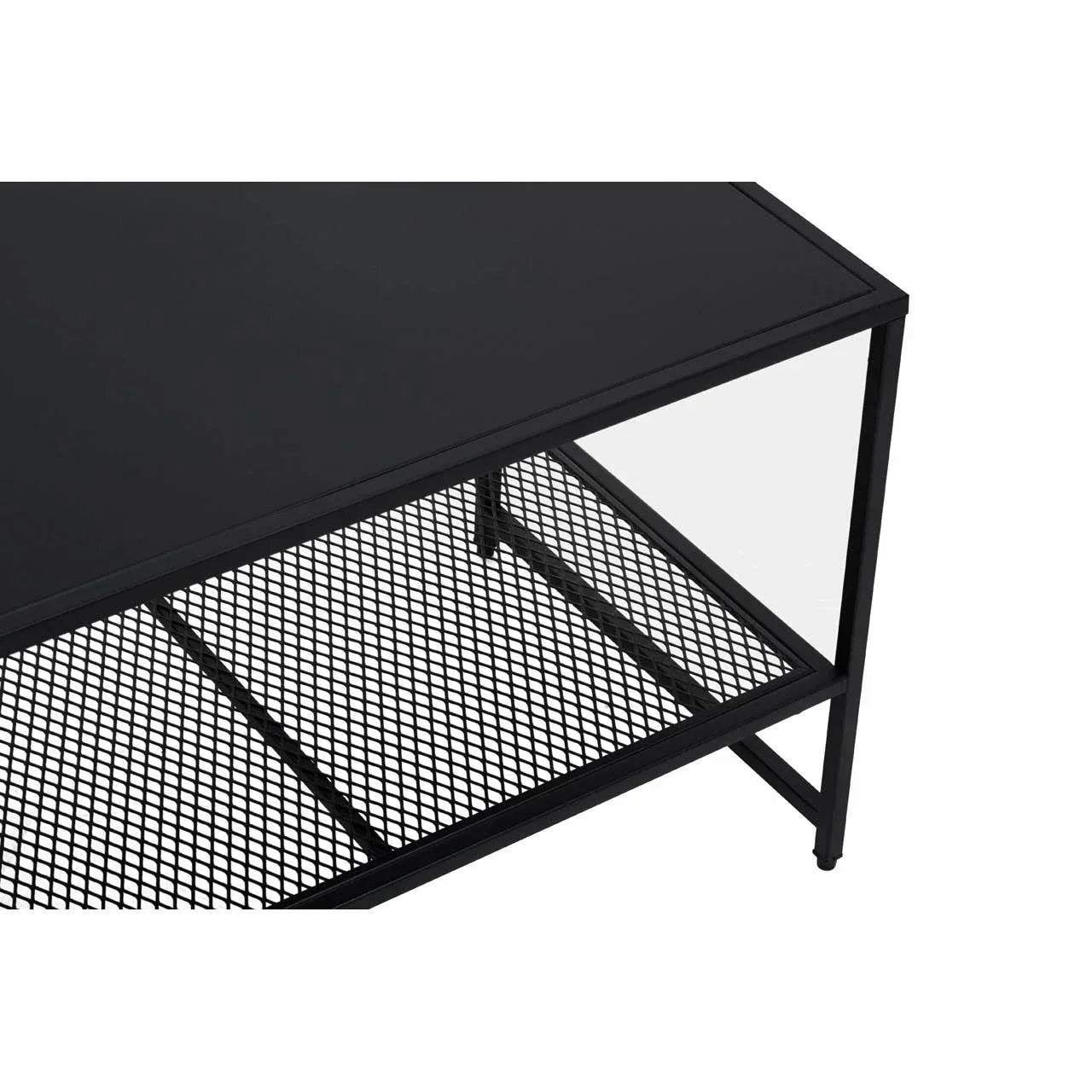 Black metal coffee table with mesh shelf, rectangular top, modern design