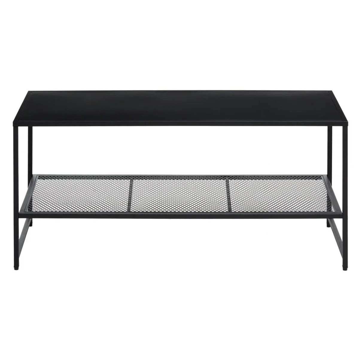 Black metal coffee table with mesh lower shelf and rectangular top, front view