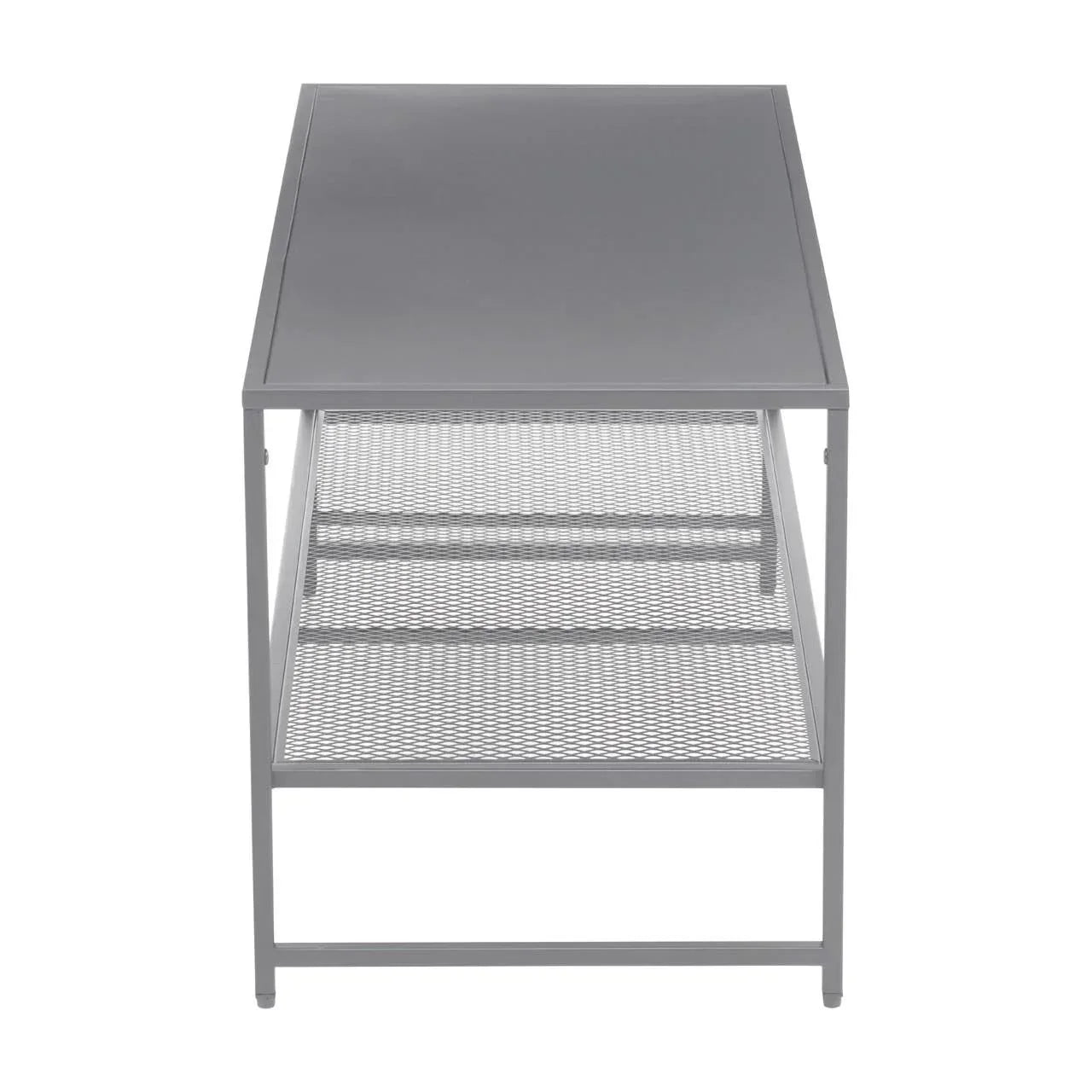 Grey metal coffee table with mesh storage shelf, front view