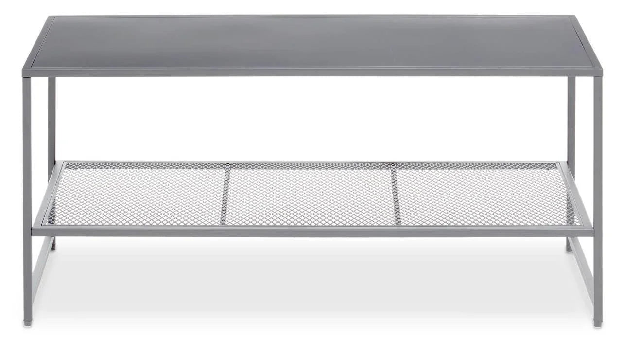 Grey metal coffee table with mesh lower shelf and rectangular design