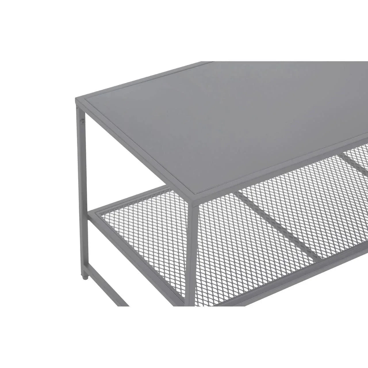 Grey metal coffee table with mesh lower shelf and rectangular top