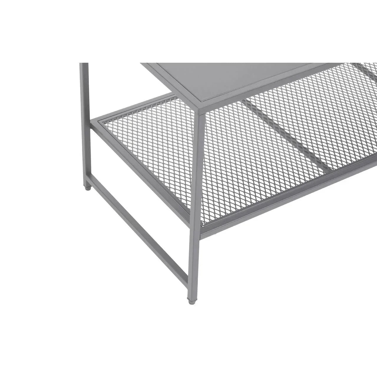 Grey metal coffee table corner with mesh lower shelf and straight legs