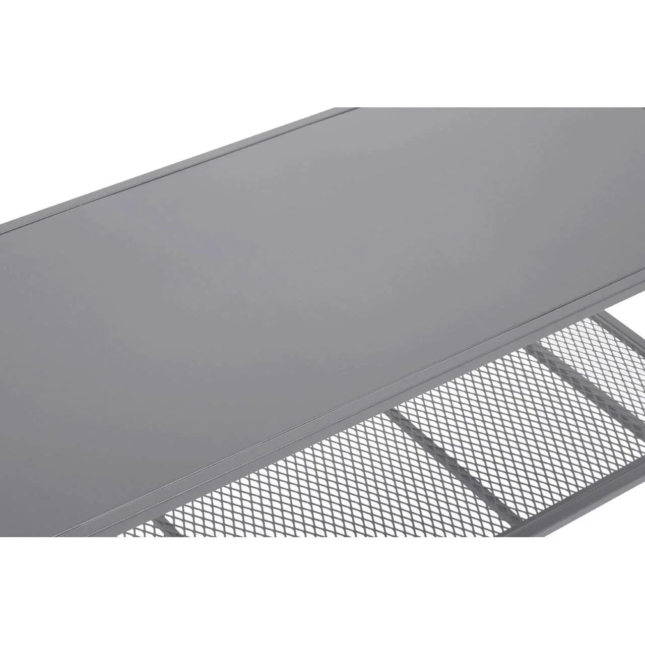 Grey metal coffee table with solid top and mesh shelf, close-up angle