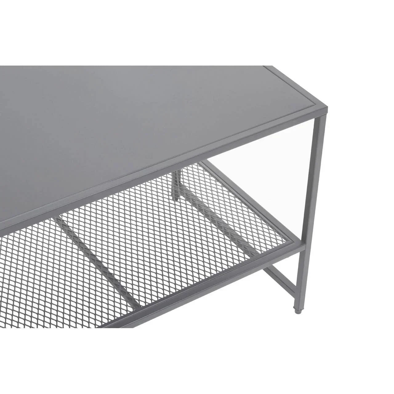 Grey metal coffee table with mesh storage shelf and rectangular top