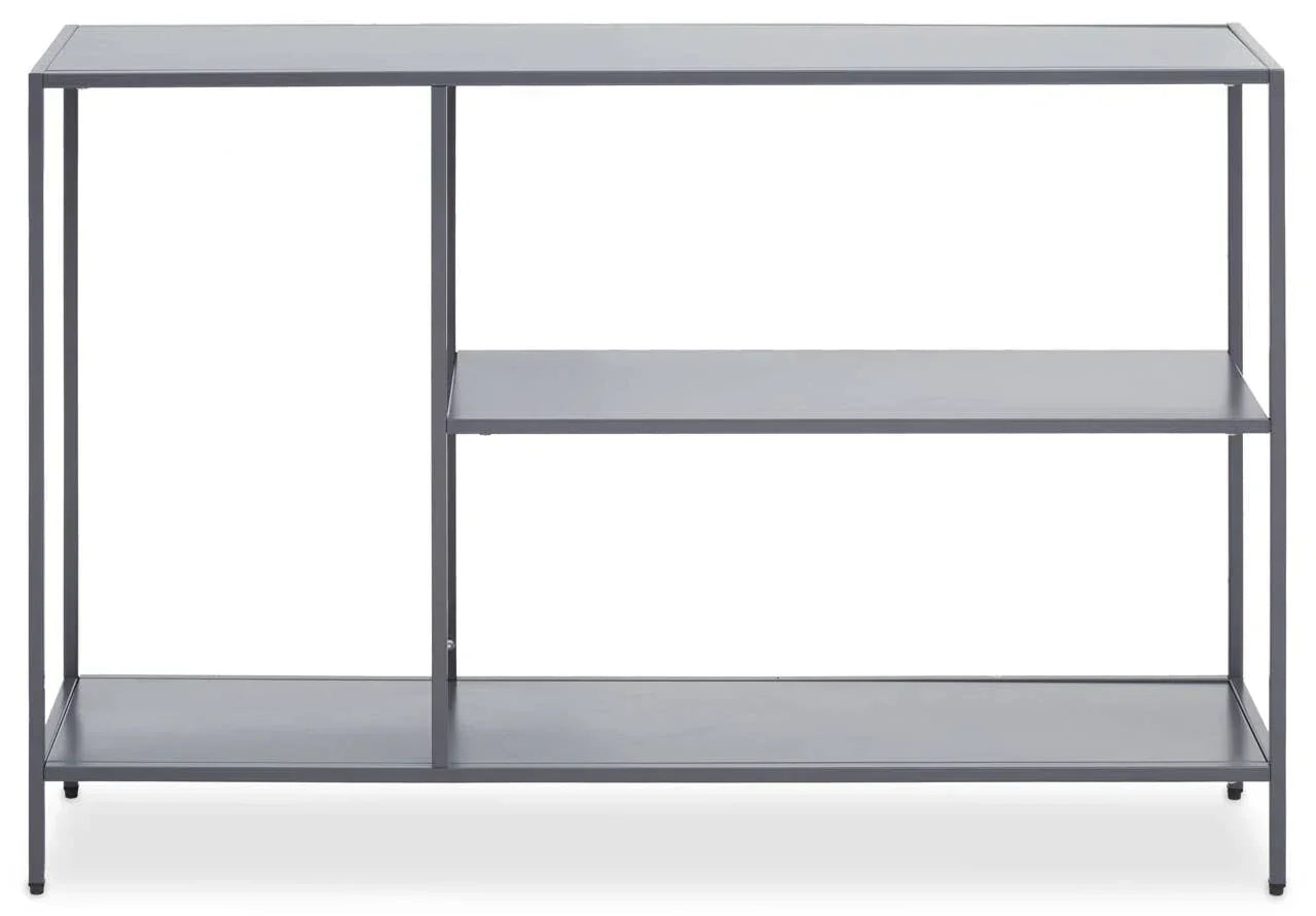 Grey metal console table with open shelves and slim rectangular frame