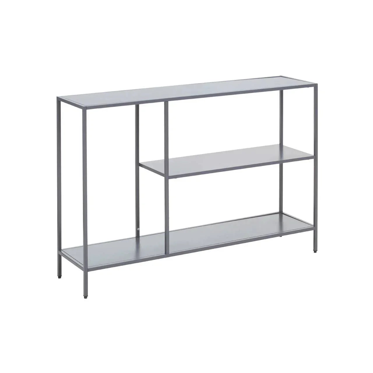 Grey metal console table with two shelves and minimalist open frame design