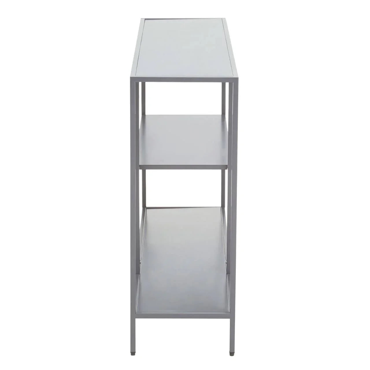 Slim metal console table with two shelves shown from side view