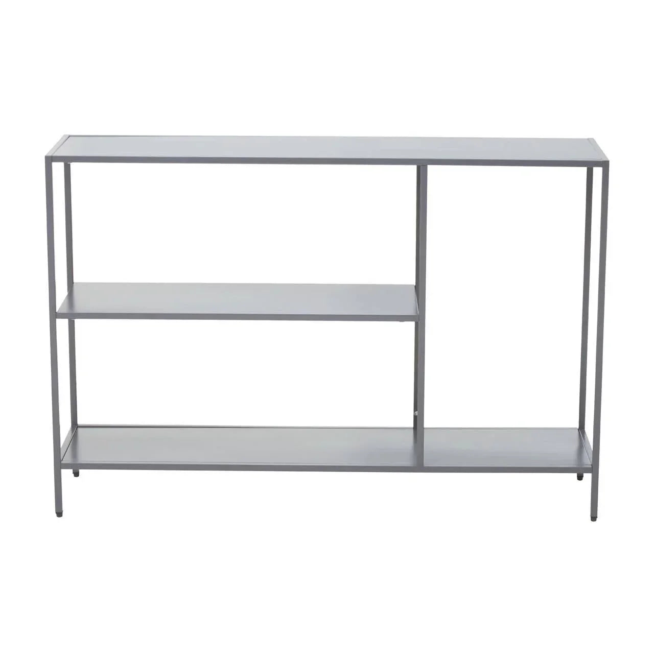Modern grey console table with three shelves and minimalist metal frame, front view