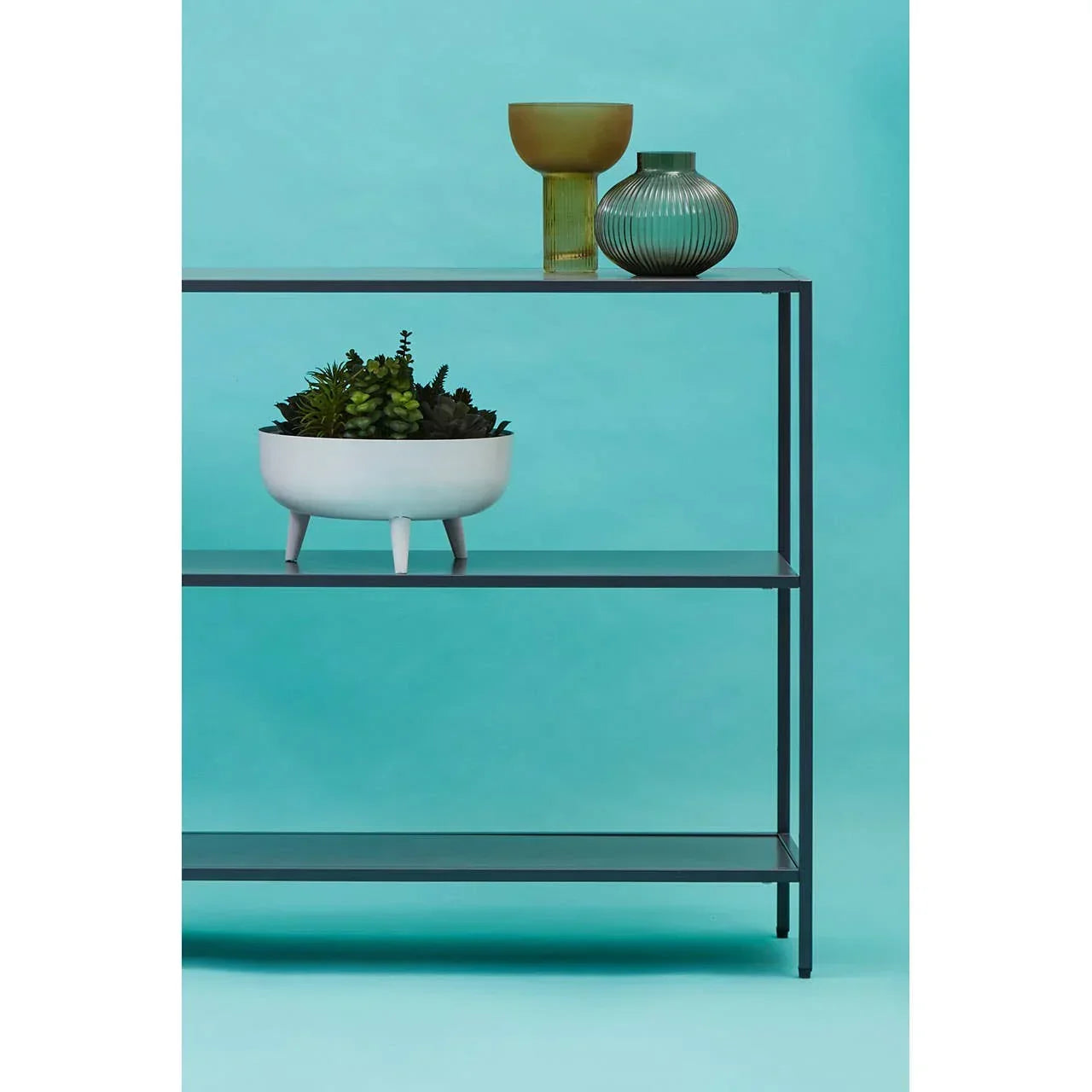 Black metal shelving unit with houseplants and decorative glass vases against aqua background