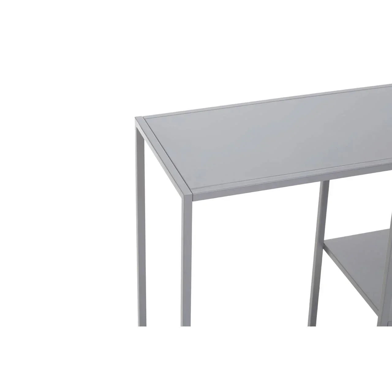 Modern grey metal console table with shelf, close-up of tabletop and frame