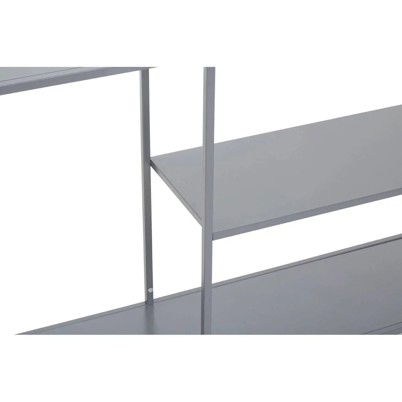 Close-up of grey metal shelving unit with clean lines and multiple flat shelves