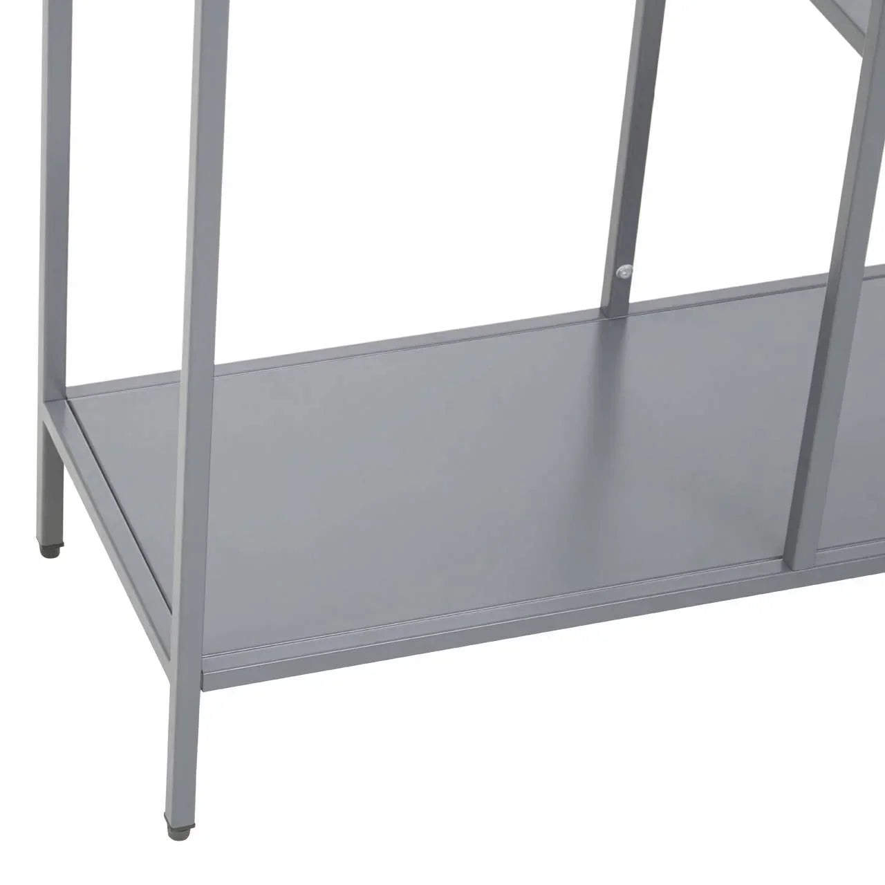 Grey metal furniture frame with lower storage shelf, close-up view of legs and shelf