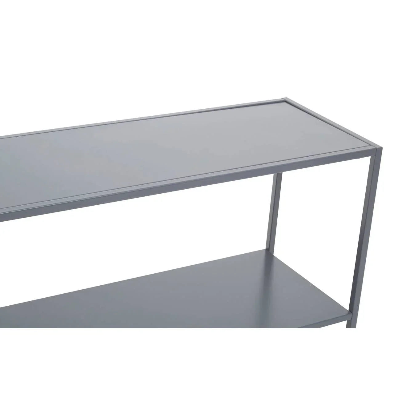 Grey metal console table with two-tier shelving and minimalist frame