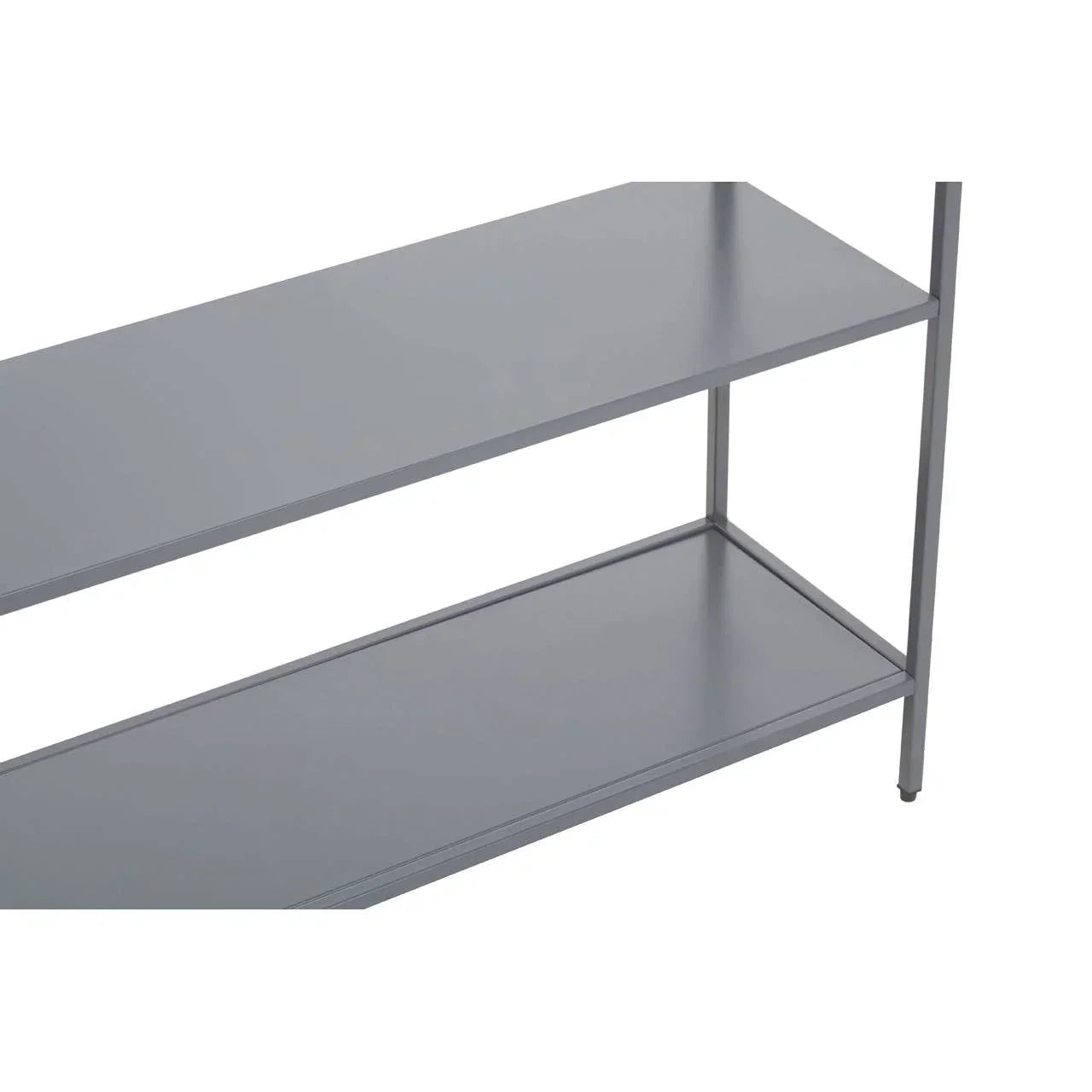 Closeup of grey metal shelving unit with two shelves and minimal frame