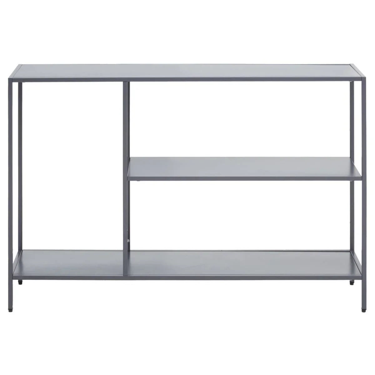 Slim grey metal console table with three open shelves and minimalist frame