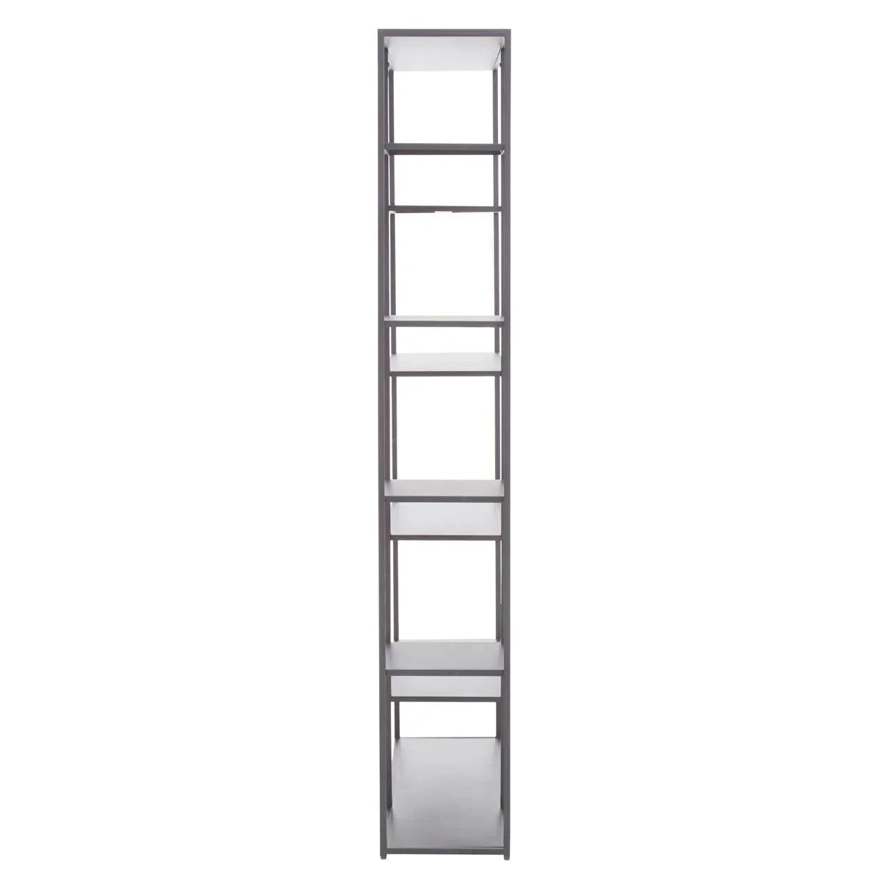 Slim tall shelving unit with six open shelves and metal frame, front view