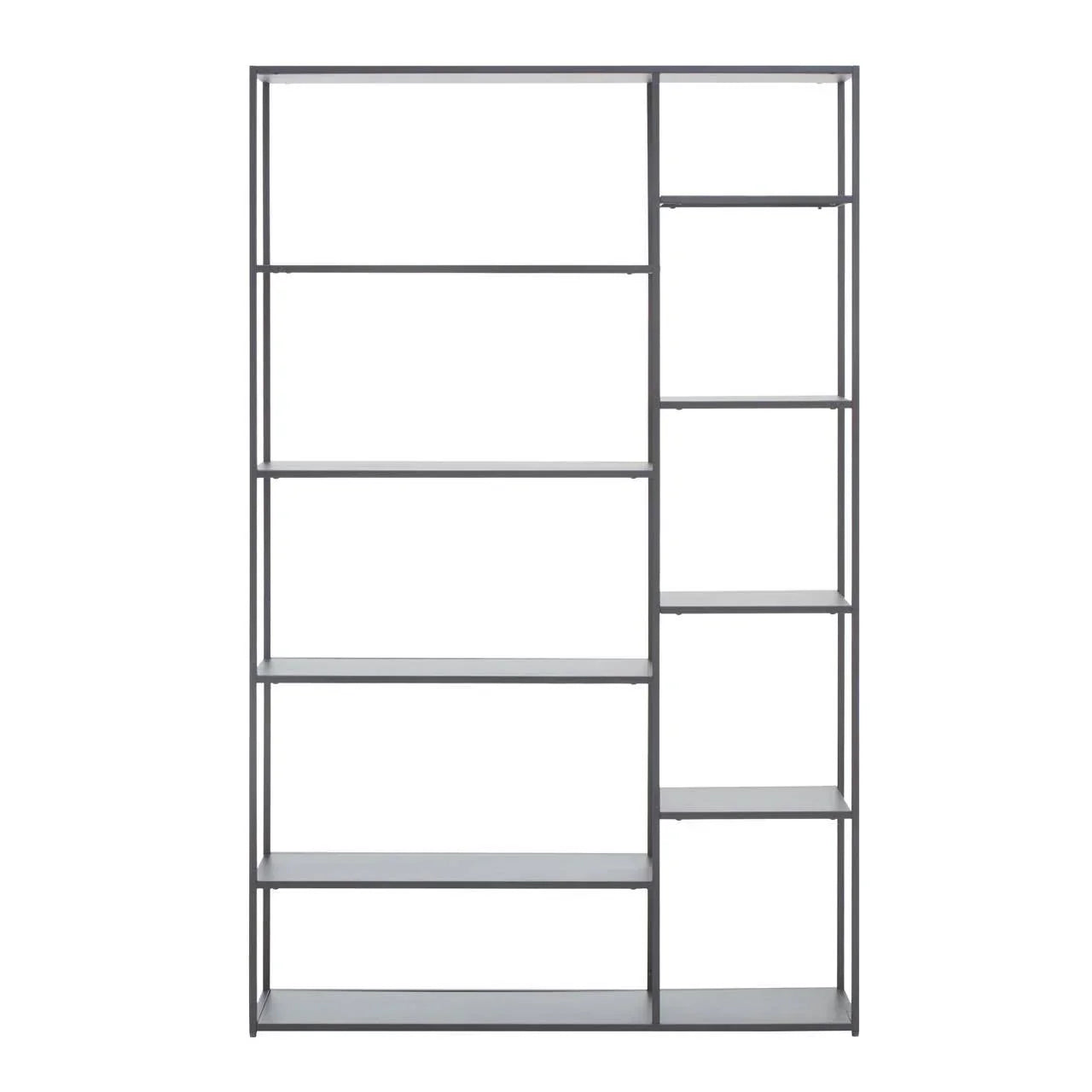 Modern metal bookcase with open shelving and asymmetrical shelf layout