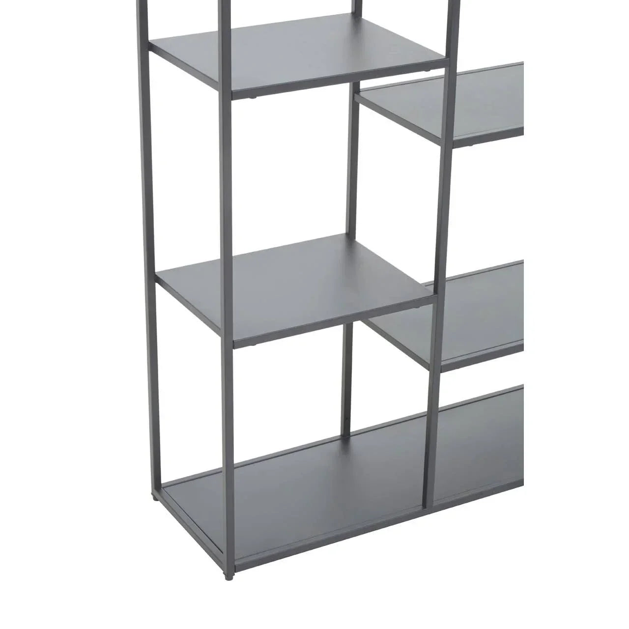 Black metal shelving unit with open frame and three rectangular shelves