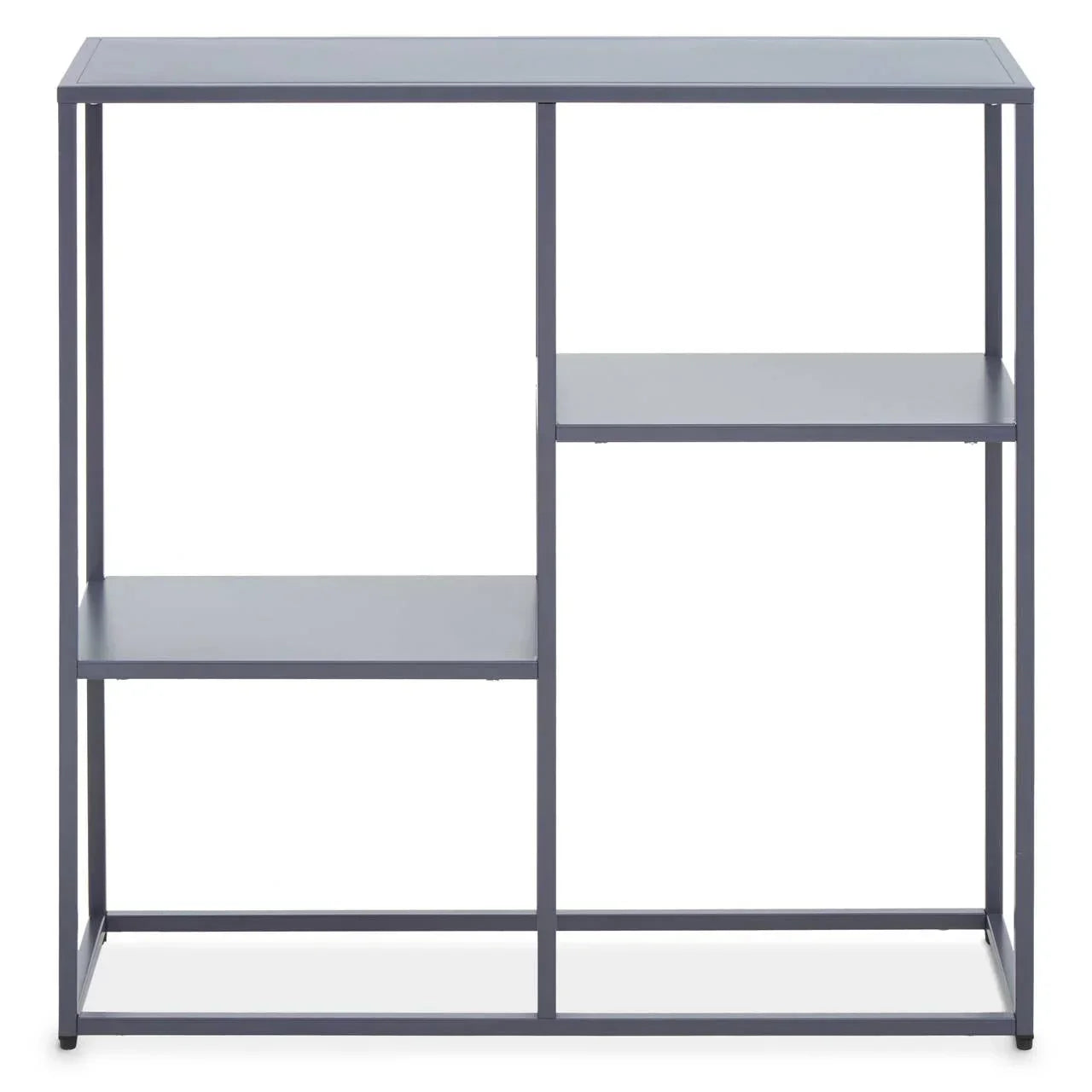 Grey metal console table with open shelves and modern minimalist design