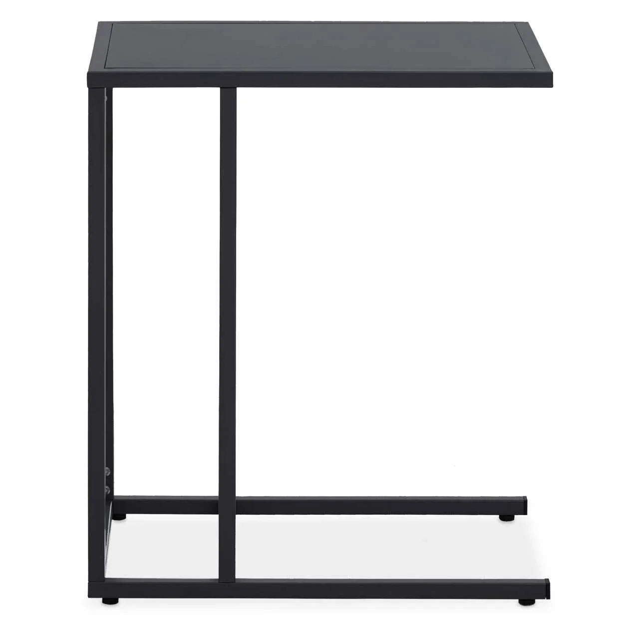 Black metal side table with clean rectangular frame and minimalist design, front view