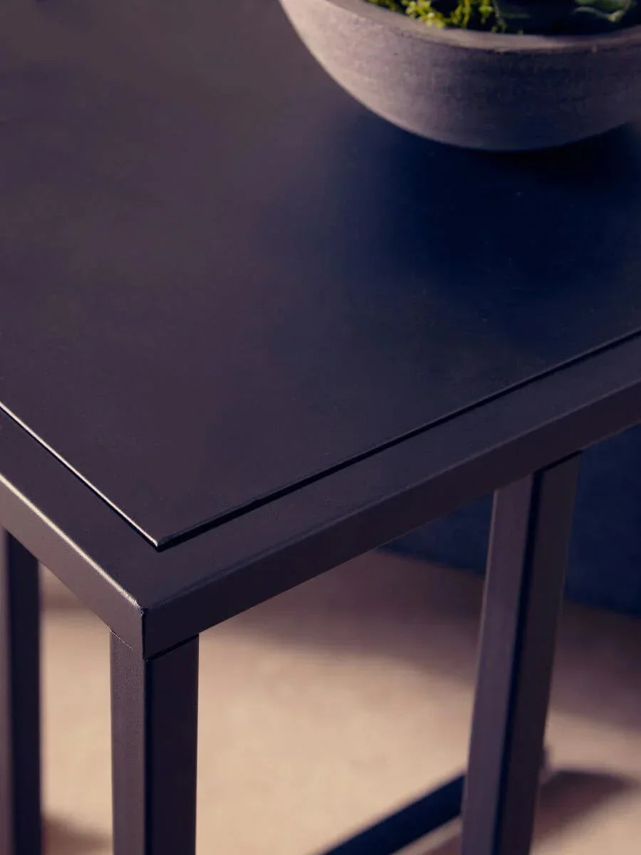 Black metal side table with square legs and a potted plant on top