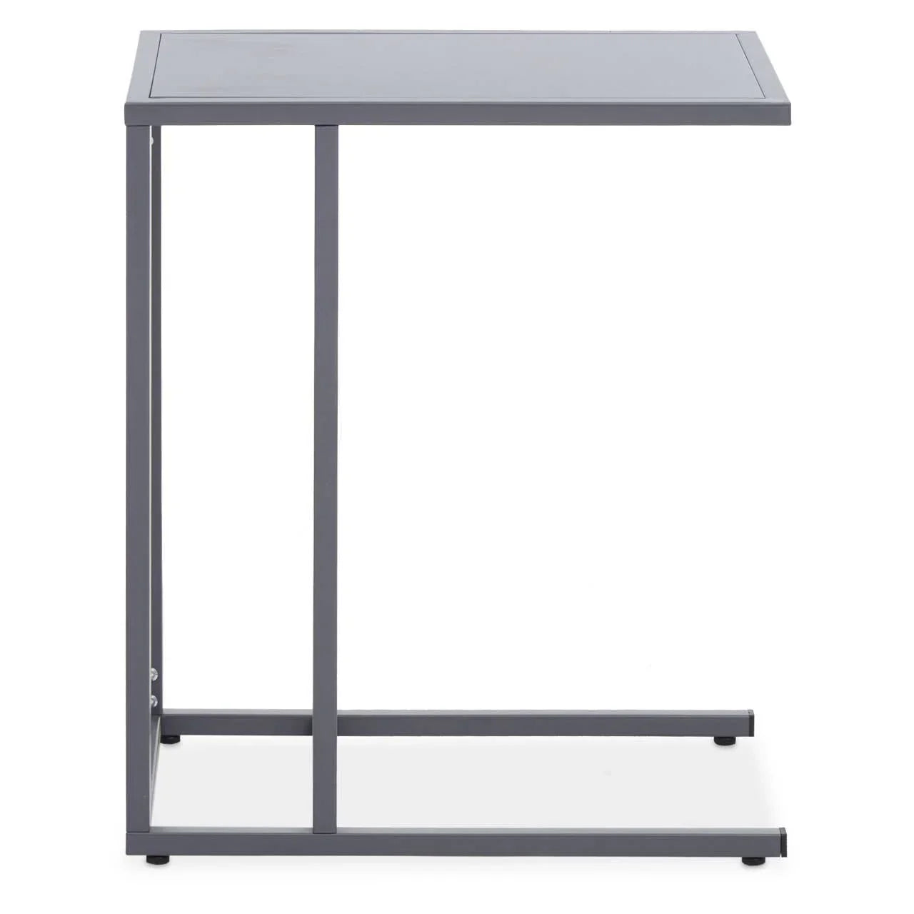 Grey metal side table with rectangular top and open frame design, shown from the side