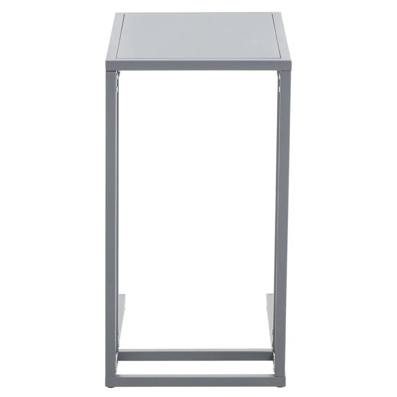 Slim grey metal side table with rectangular top and open frame design, front view