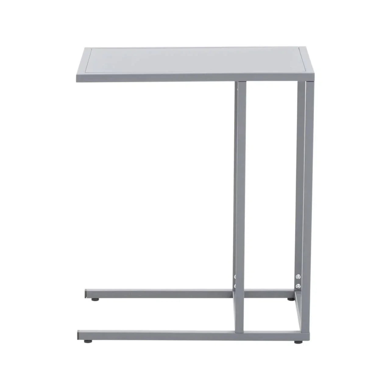Slim grey metal side table with rectangular top and open frame design
