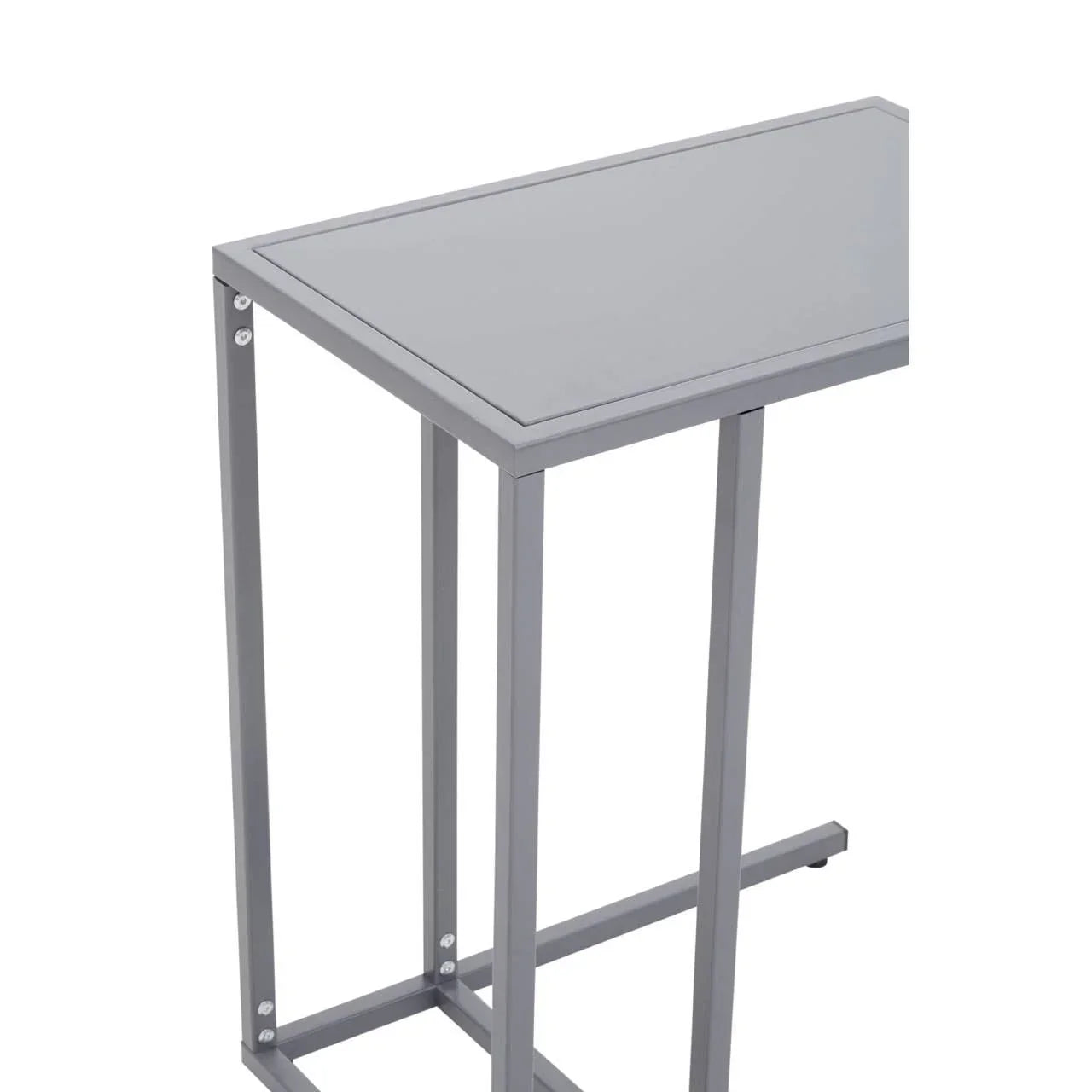 Rectangular glass top side table with grey metal frame, angled view