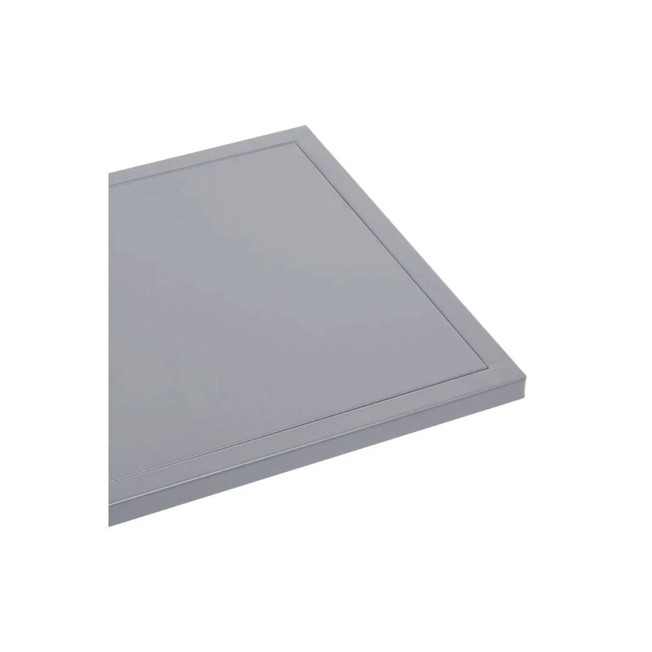 Grey wooden furniture panel with beveled edge, close-up corner view