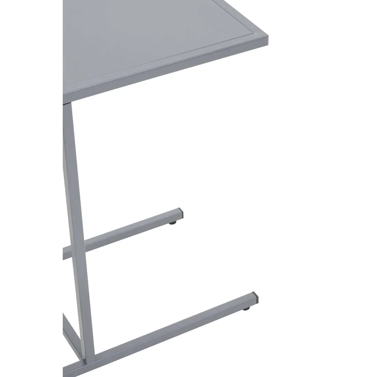 Grey metal side table with rectangular top and modern frame design, partial side view