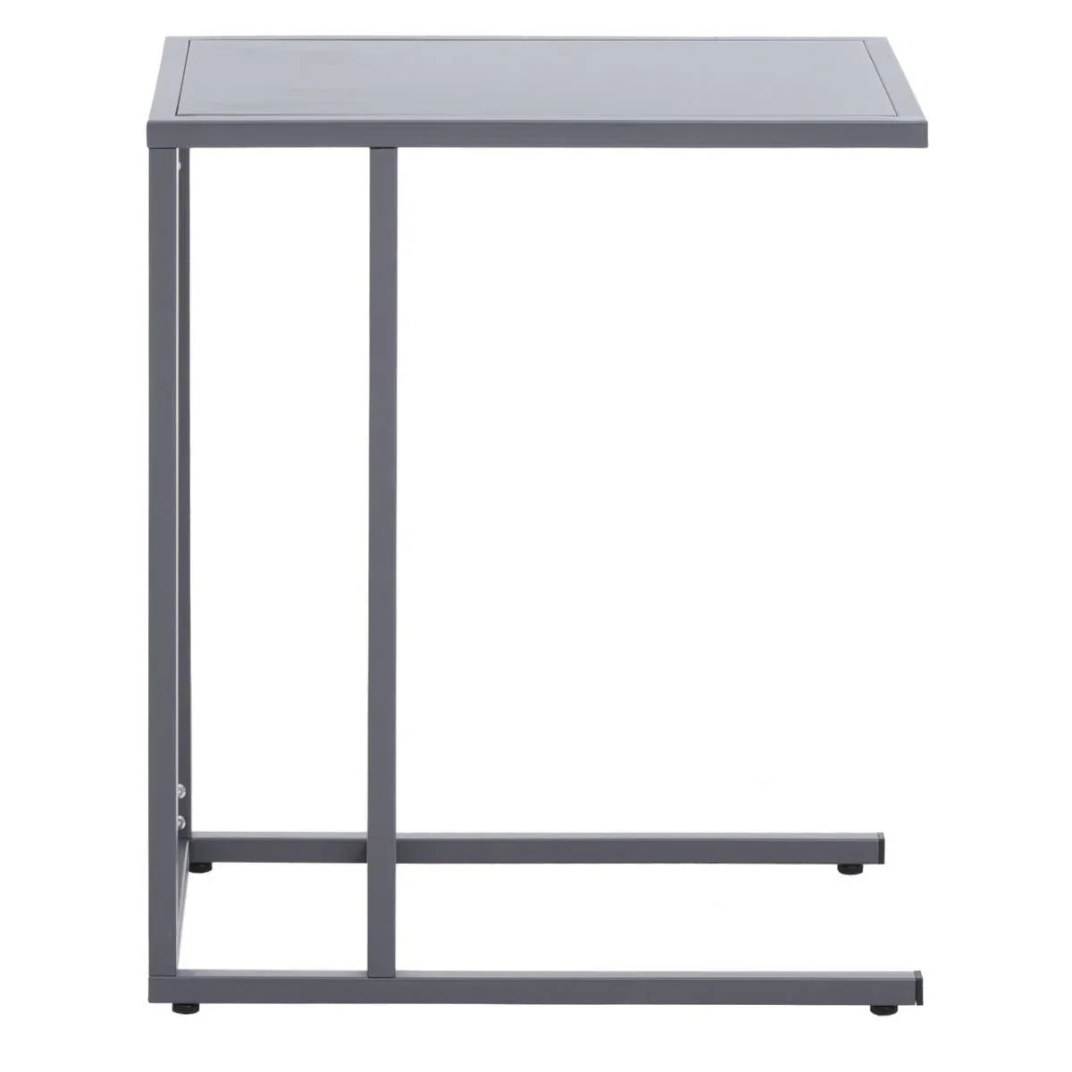 Grey metal side table with slim frame and rectangular top, shown from side view