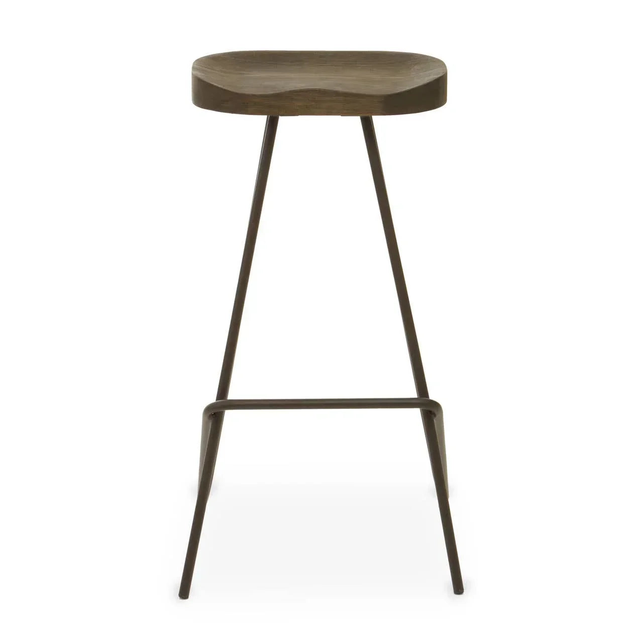 Wooden bar stool with curved seat and slim metal legs, front view