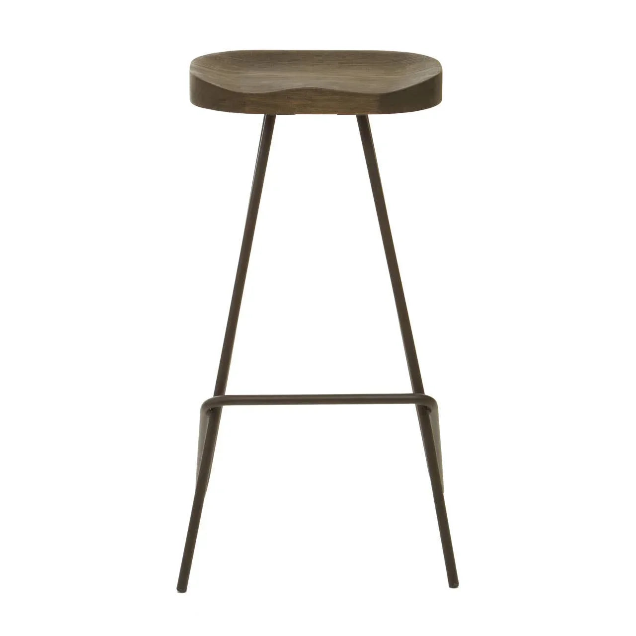 Brown wooden bar stool with metal legs and square seat, front view