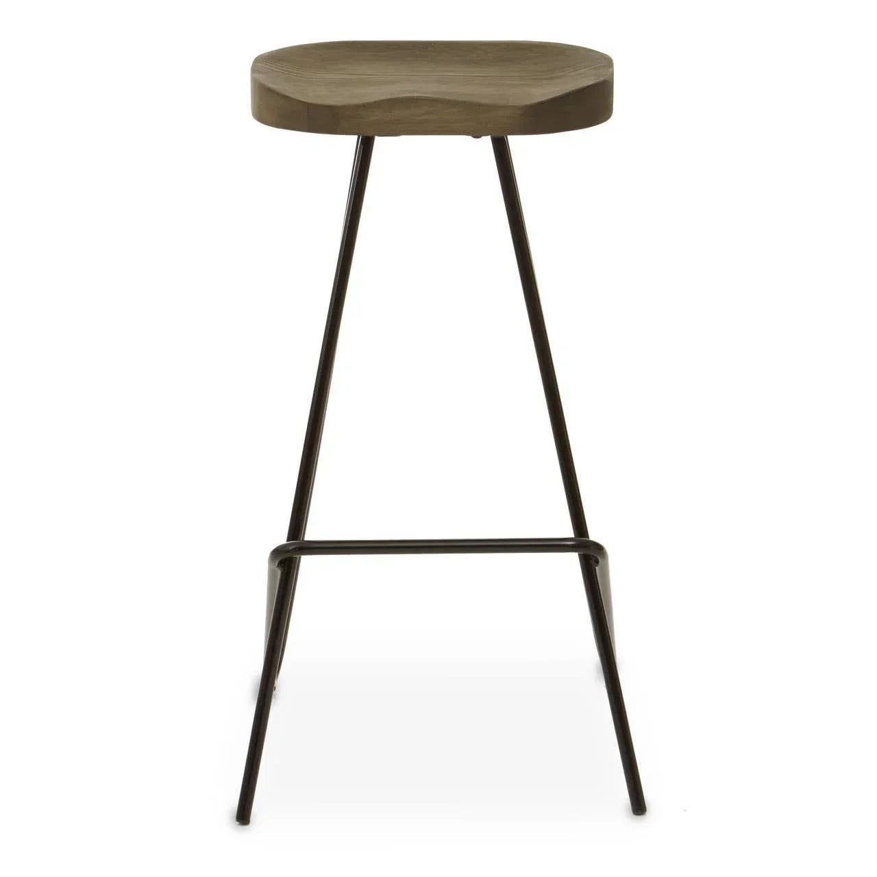 Wooden bar stool with contoured seat and black metal legs front view