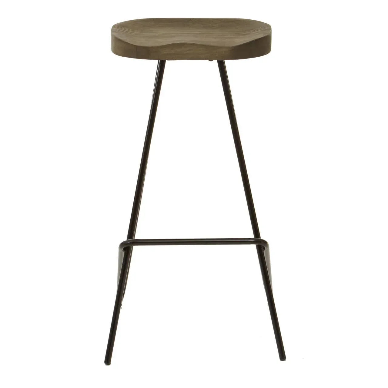 Modern bar stool with wooden seat and black metal legs on white background