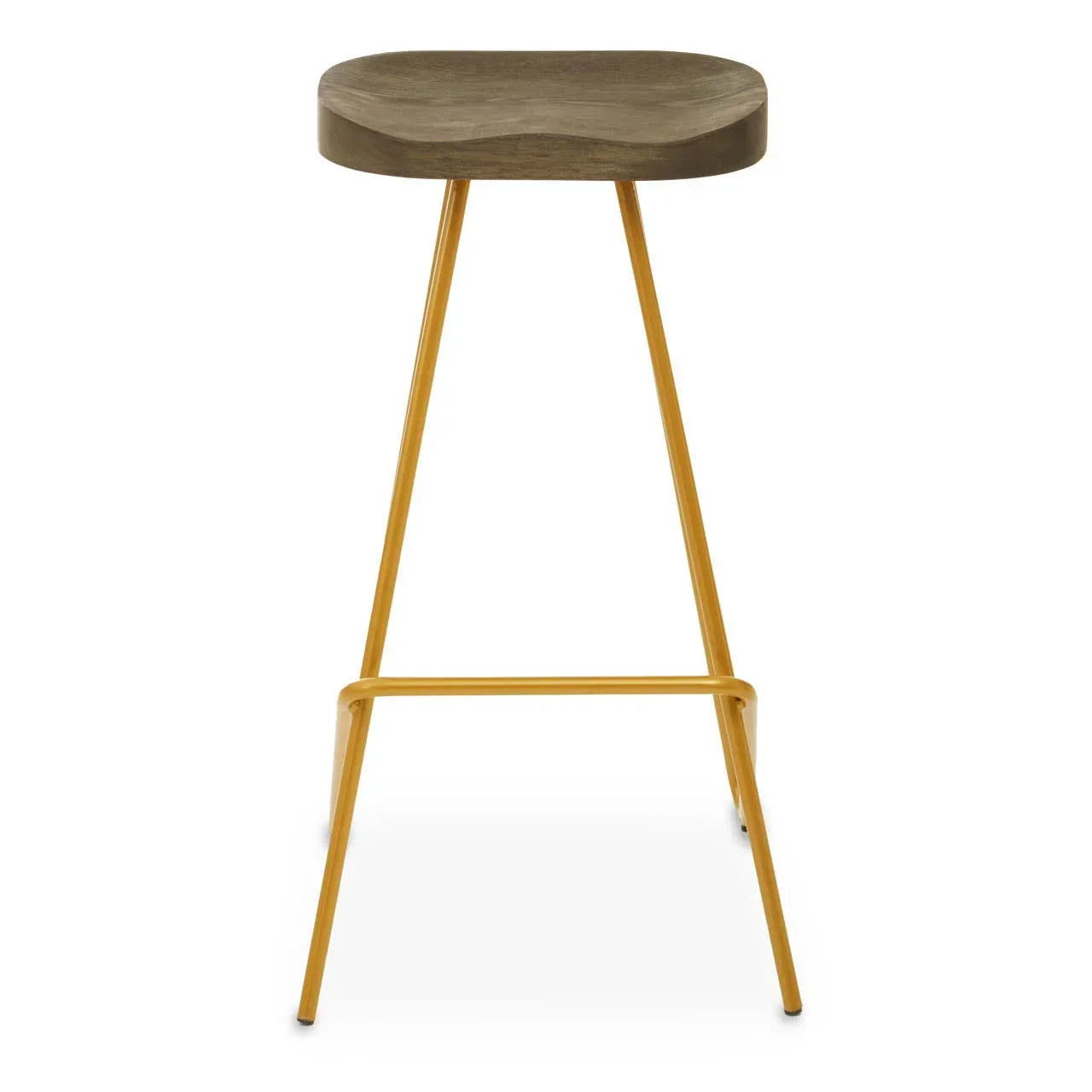 Wooden bar stool with curved seat and gold metal legs, front view