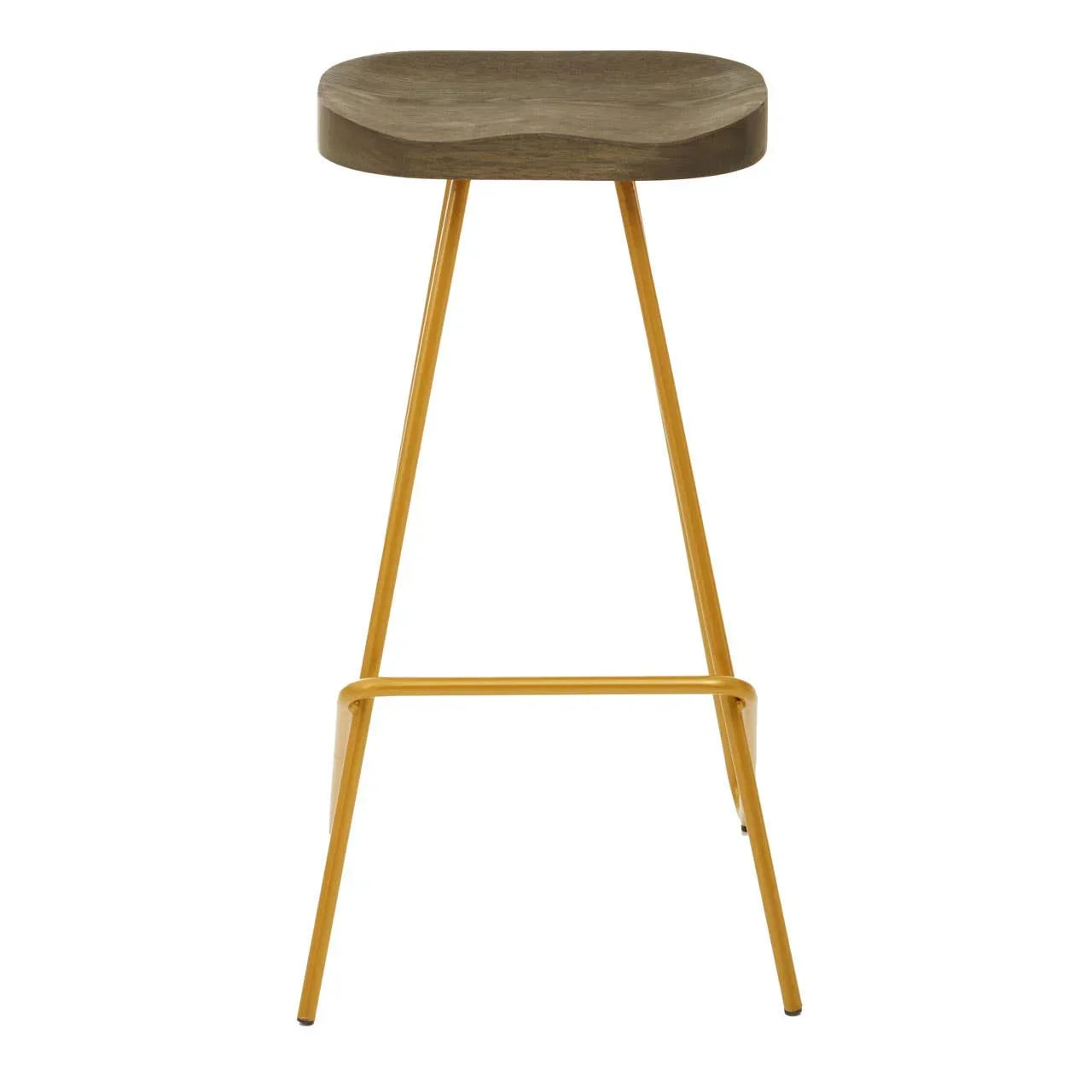 Wood bar stool with gold metal legs and contoured seat, front angle view