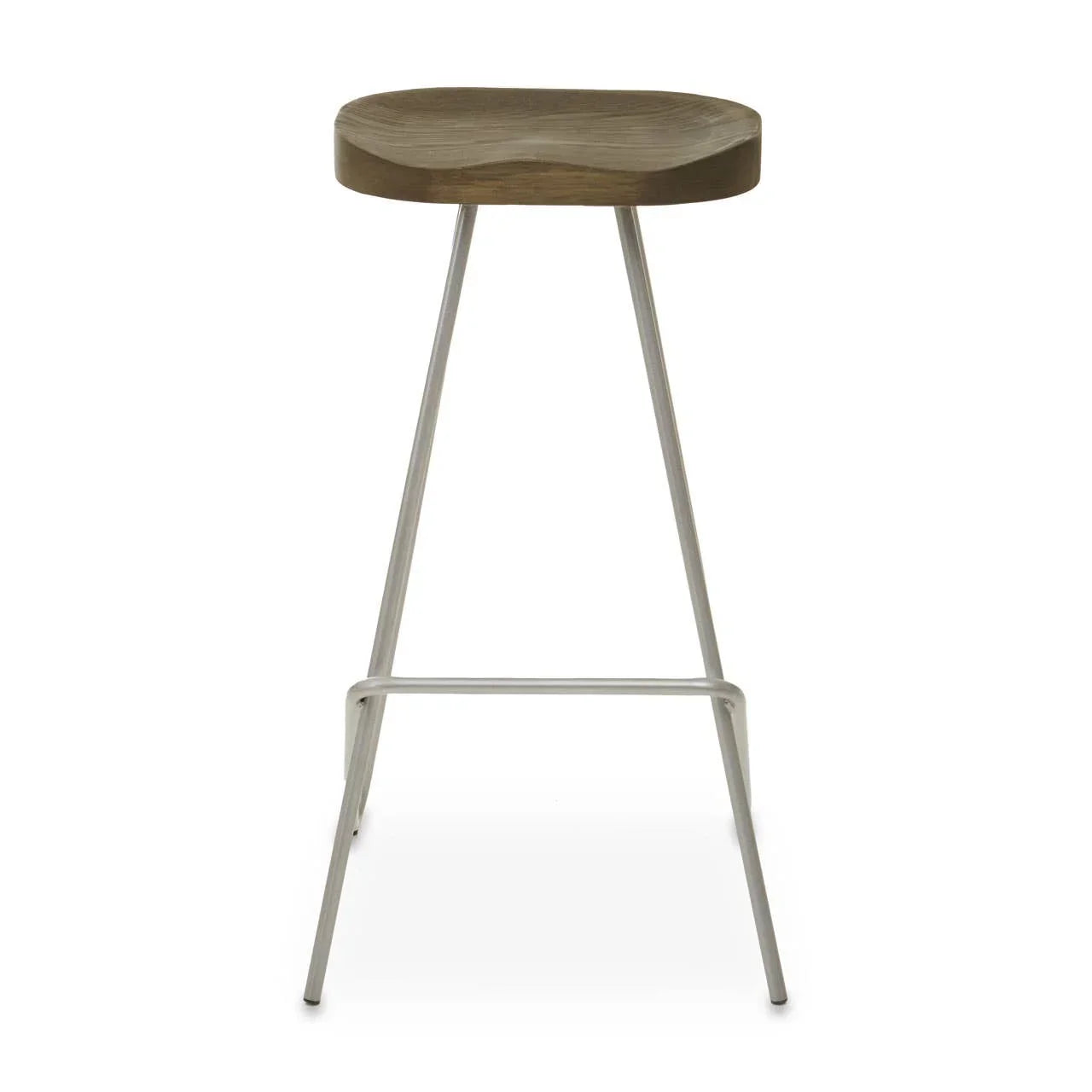 Wooden bar stool with metal legs, minimalist design, front view