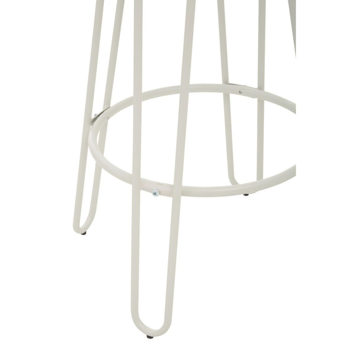 White metal frame of a bar stool featuring a circular footrest and slender legs, showcasing a modern and minimalist design