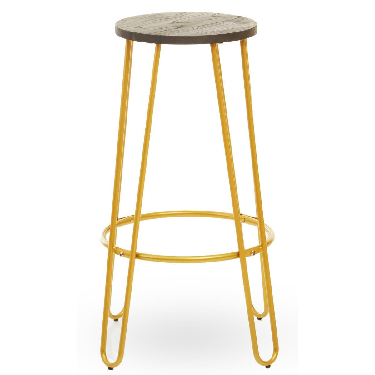 Bar stool featuring a round wooden seat with a natural finish and a gold metal frame, supported by four slender legs and a circular footrest. The design combines modern aesthetics with a rustic touch