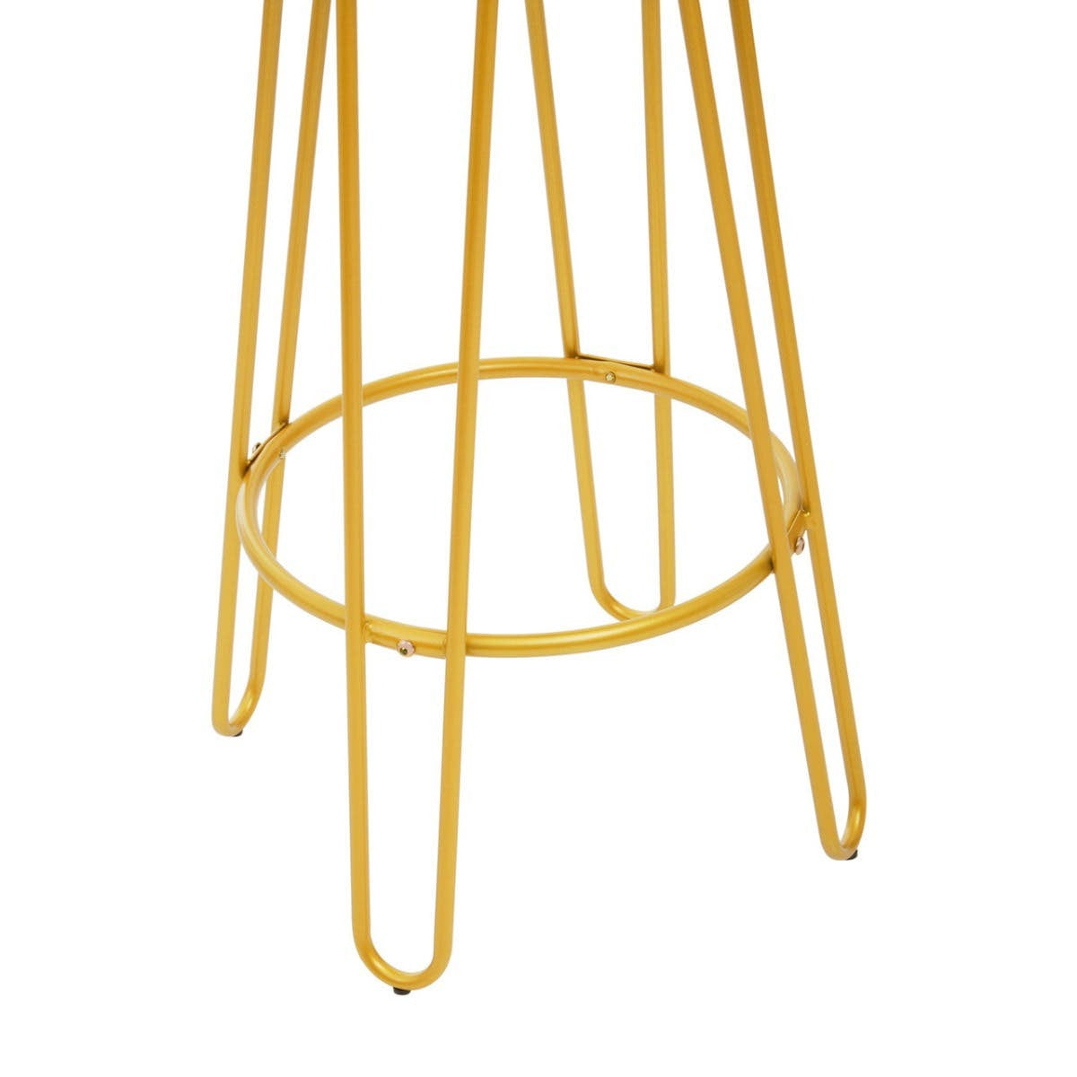Gold finish metal frame bar stool with a sleek, modern design featuring slender legs and a circular footrest. The frame has a shiny, reflective surface that enhances its contemporary aesthetic